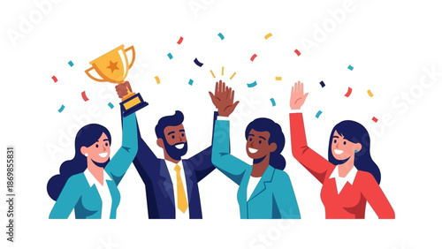 Diverse Business Team Celebrating Victory Holding Trophy and High Five with Confetti