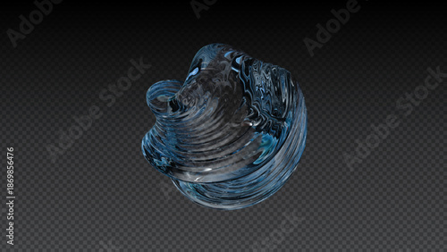 Navy Blue Glass Sphere with Swirling Chrome Reflections Transparent