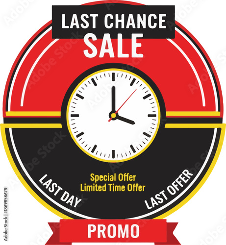 Last Chance Sale Badge with Clock: Limited Time Promo Offer Vector Sticker