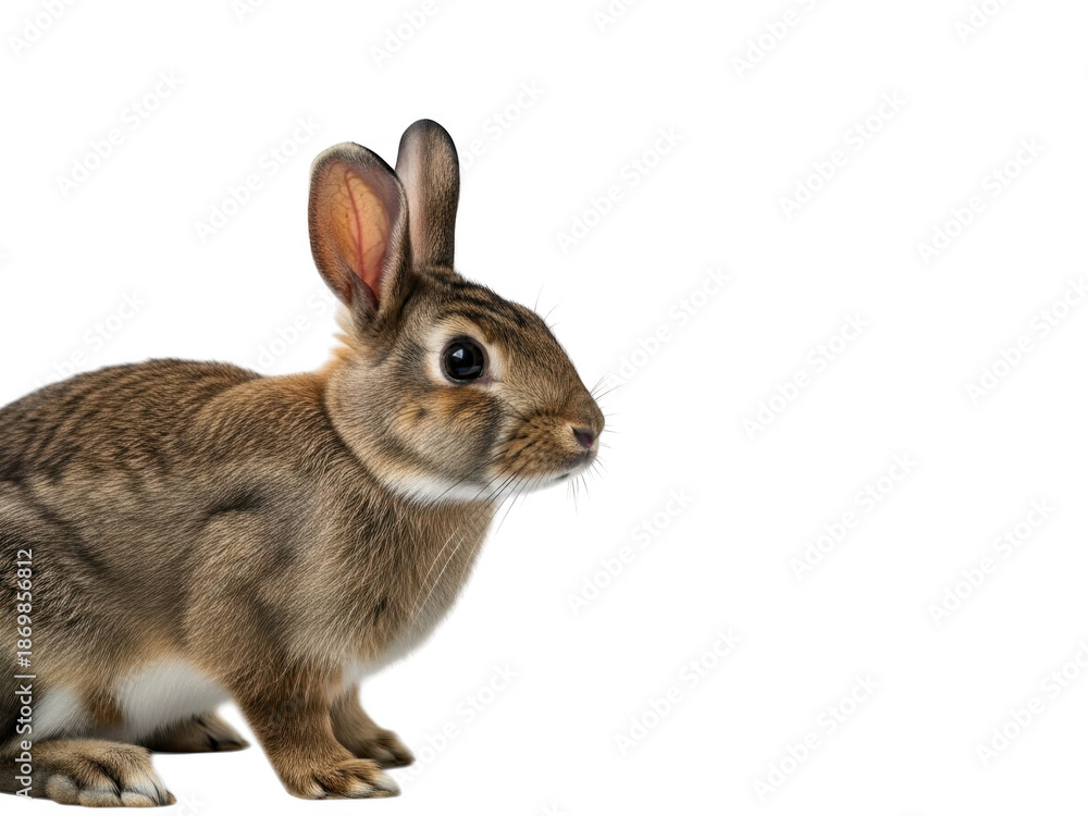 Fototapeta premium Brown rabbit sitting on isolated transparent background looking around cautiously