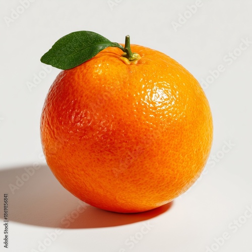 A hyperrealistic, close-up studio photograph of a single, perfectly formed, vibrant orange (such as a navel or Valencia variety) resting on a reflective, pristine white surface.