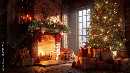 hyper-realistic, cozy, and warmly lit interior Christmas scene focused on a traditional brick fireplace and a generously decorated Christmas tree. 