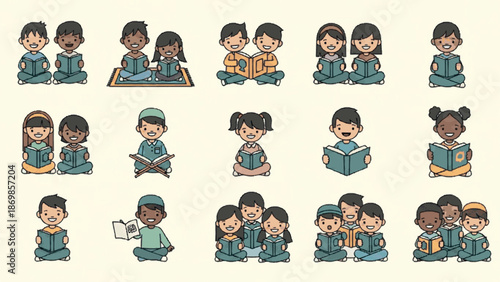 A delightful collection of diverse young children happily engaged in reading books and learning, symbolizing education, literacy, and inclusivity in a multicultural academic setting