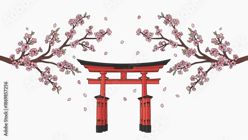 Japanese Torii Gate with Pink Cherry Blossom Branches and Falling Petals