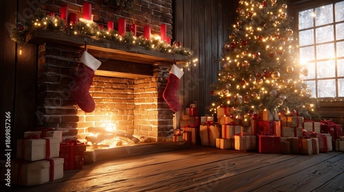  hyper-realistic, cozy, and warmly lit interior Christmas scene focused on a traditional brick fireplace and a generously decorated Christmas tree. 