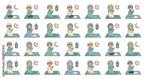 Muslim Children Praying During Ramadan or Eid Celebration A Series of Illustrations Depicting Devotion and Faith
