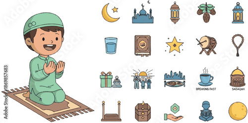 Sweet cartoon of a smiling Muslim boy in prayer, with an accompanying set of colorful icons illustrating Islamic culture, holiday traditions, and daily worship elements