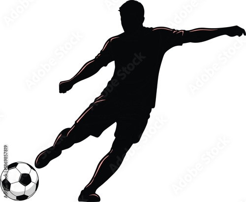 Soccer player silhouette kicking football dynamic sports action isolated on white background vector illustration