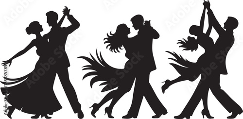 Ballroom Dance Clipart – Black Silhouettes of Elegant Partnered Dancers in Motion and Formal Attire