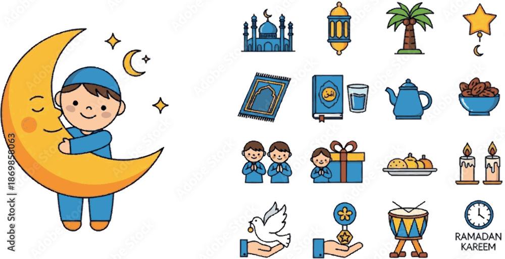 Fototapeta premium Collection of Ramadan-themed icons including a boy hugging a moon, mosque, dates, prayer beads, and gift box