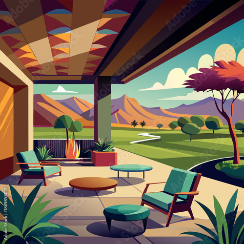 Desert home patio overlooking a golf course. 