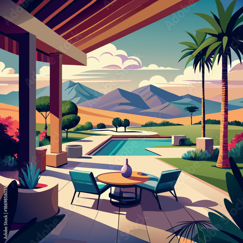 Desert home patio overlooking a golf course. 