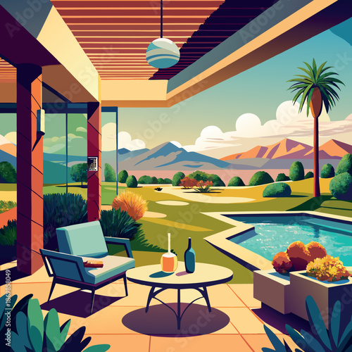 Desert home patio overlooking a golf course. 