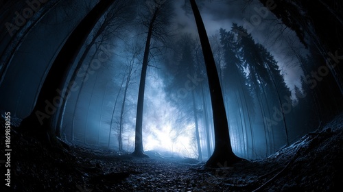 A hyperrealistic, deeply atmospheric wide-angle photograph of a dark and mysterious forest at night, shrouded in thick, eerie mist. 