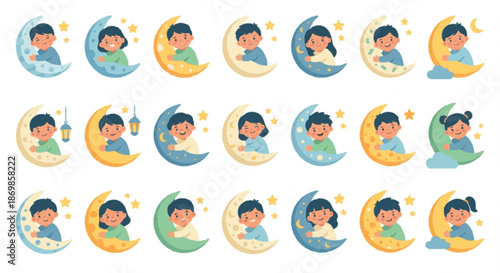 Whimsical children's dreams illustration collection featuring peaceful slumber on crescent moons, evoking a sense of magic, tranquility, and starry night adventures