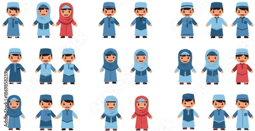 Collection of cartoon illustrations depicting boys and girls in traditional Islamic clothing