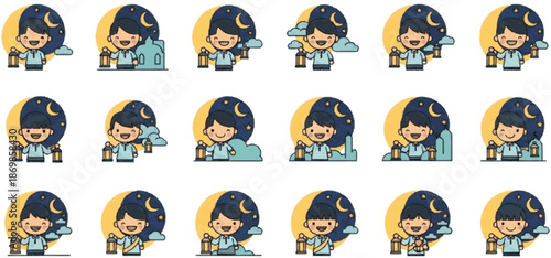 Cute girl with moon and lantern illustrations in a carousel, representing night or dreams, perfect for cozy or bedtime themes