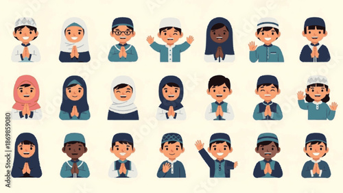 Joyful illustrations of diverse Muslim characters in traditional attire, representing community, identity, and togetherness