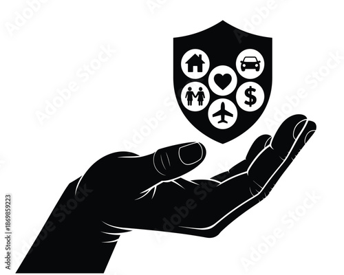 Black hand holding a protective shield with various life icons.