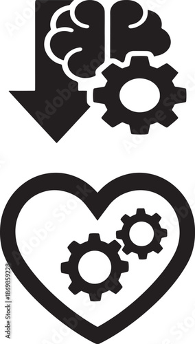 Brain and Heart with Gears Vector Icons: Mental Health and Emotional Intelligence