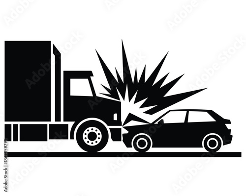 Graphic representation of a truck and car colliding with a dramatic explosion effect