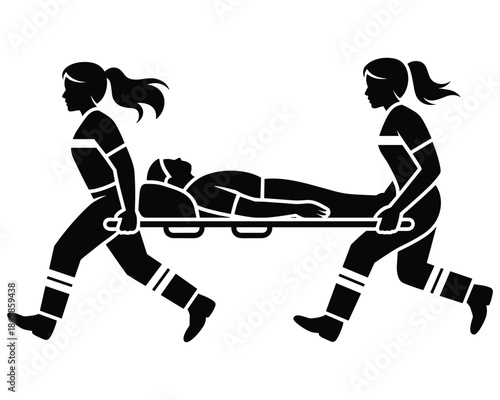 Two people running with a patient on a stretcher emergency medical transport concept