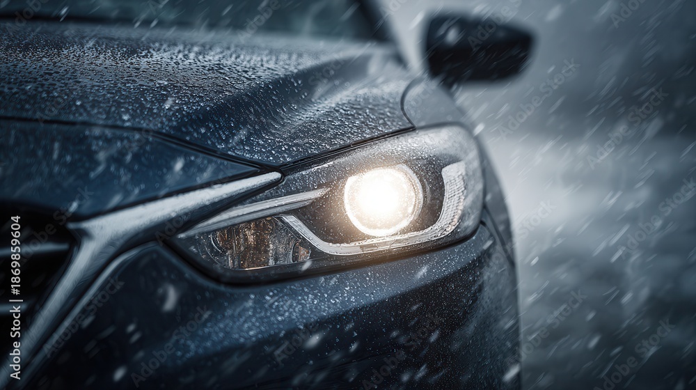 Obraz premium Car Headlight Illuminating Snowfall
