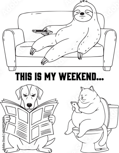 Funny Lazy Weekend Cartoon Illustration with Sloth on Sofa, Dog Reading Newspaper and Fat Cat Using Phone in Toilet, Black and White Line Art Humor Design