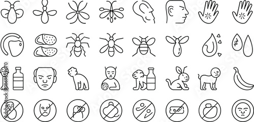 Allergy and health line icons set, insect sting human reaction symbols, dermatology biology icons, medical healthcare vector graphic design elements
