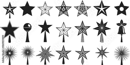 Christmas tree topper vector silhouettes collection, decorative star ornaments set, holiday festive icons for winter celebration, isolated black graphic elements on white background