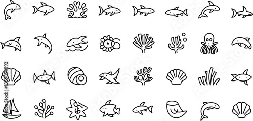 Collection of ocean life icons featuring dolphins sharks fish coral reefs shells octopus and sailboat isolated on white background vector