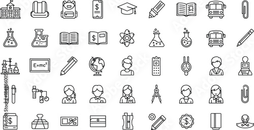 Education and school line icons set, academic learning symbols, science laboratory equipment, student teacher icons, back to school vector collection