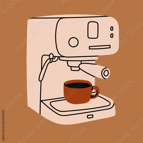 Coffee machine. Unique trendy style. Coffee Icon for menus, coffee shop, cafe, restaurant. Hand drawn modern Vector illustration. Isolated design element. Sticker, logo, print template 