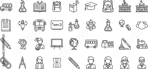 School education line icons set, academic learning symbols, science laboratory equipment, student teacher icons, back to school vector graphic collection