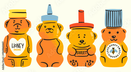 Bear shaped Honey bottles set. Animal packaging design. Various container sizes, shapes. Hand drawn trendy Vector illustration. Isolated design elements. Fresh organic honey, farm market concept