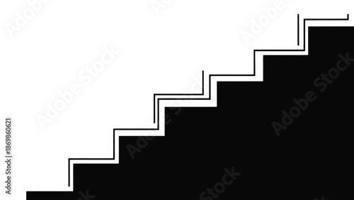 A black staircase rises upward with white outlined steps.
