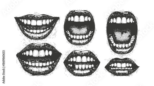 Various mouths with teeth are smiling and showing expressions.