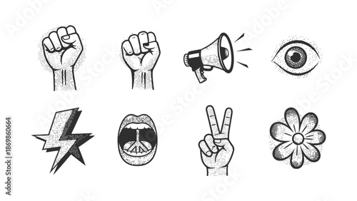 Protesters raise fists with megaphone and peace signs in a symbolic display.