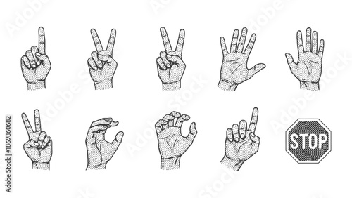 Hands making gestures with a stop sign in a graphic illustration.