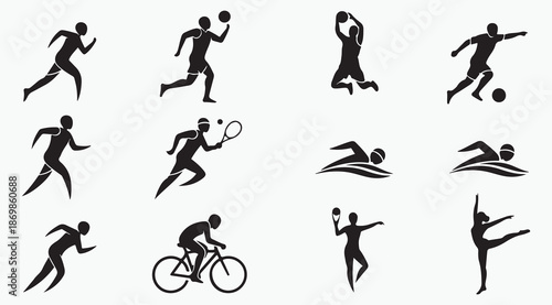 Clean minimalist sports athlete silhouettes and activity icons