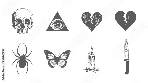 An illustration depicts various symbolic objects including skull, eye, hearts, spider, butterfly, candle, and knife.