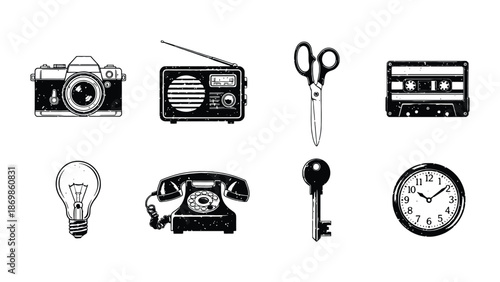 Vintage objects including a camera, radio, and clock are displayed.