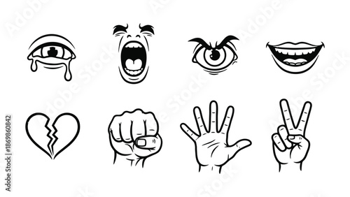 Illustrations of various emotional expressions and hand gestures are depicted.