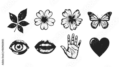 Illustrations of flowers, eye, hand, heart, and lips in black