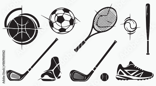 Modern sports equipment icons with soccer tennis and golf gear