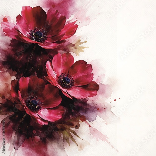 Expressive watercolor illustration of deep red and burgundy flowers with soft flowing paint textures and artistic splashes. Elegant floral composition on a clean white background, creating a dramatic