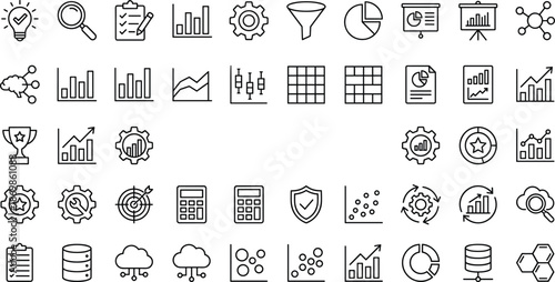 Business analytics and data visualization line icon set, charts, reports, growth strategy, management tools, vector outline illustration