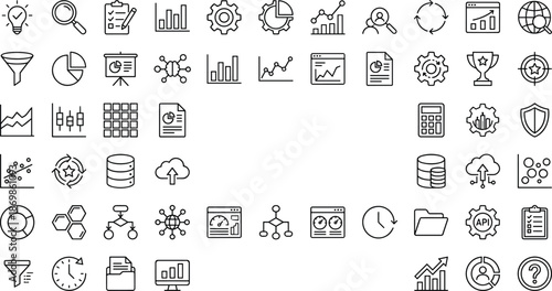 Business analytics line icon set, data visualization symbols, marketing reports, finance charts, technology dashboard elements, vector illustration isolated