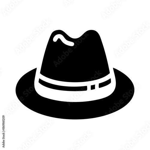 Classic black fedora hat icon with a distinctive white band, symbolizing style and elegance