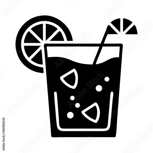 Refreshing summer drink icon with citrus slice and straw in a glass of bubbly liquid